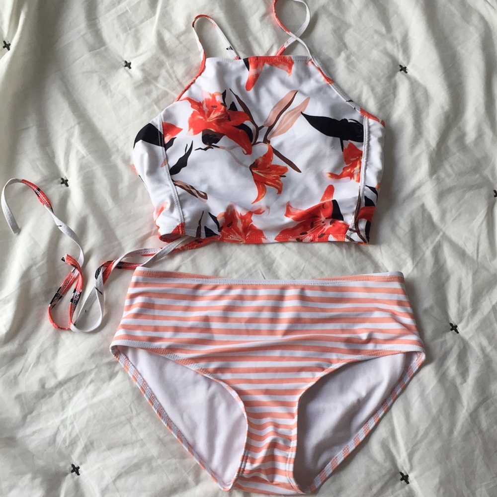 Floral Top and striped bottom swim set